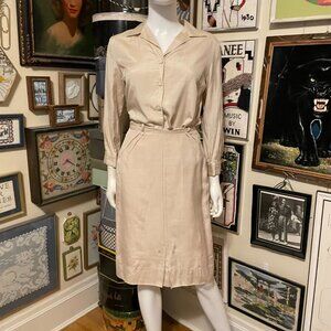60s Vintage Vera & Bobbie Brooks Beige 100% Silk Long-Sleeve Shirt & Skirt Set